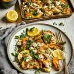Mediterranean Sheet Pan Chicken Lemon recipe, served and ready to eat, easy homemade dinner