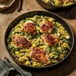 One Pan Boursin Chicken Risotto recipe, served and ready to eat, easy homemade dinner