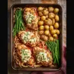 One Pan Chicken Parmesan recipe, served and ready to eat, easy homemade dinner