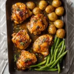 One Pan Honey Garlic Chicken Thighs recipe, served and ready to eat, easy homemade dish
