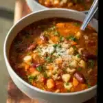 Pasta e Fagioli Soup recipe, served and ready to eat, easy homemade dinner