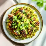 Peruvian Chicken and Rice Green Sauce recipe, served and ready to eat, easy homemade dinner