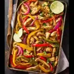 Sheet Pan Chicken Fajitas recipe, served and ready to eat, easy homemade dinner