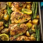 Sheet Pan Garlic Butter Chicken recipe, served and ready to eat, easy homemade dinner