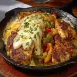 Sizzling Chicken and Cheese recipe, served and ready to eat, easy homemade dinner