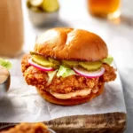 SPICY COPYCAT POPEYES CHICKEN SANDWICH recipe, served and ready to eat, easy homemade dish