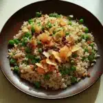 SPRING PEA PULAO RICE CRISPY SHALLOTS recipe, served and ready to eat, easy homemade dinner