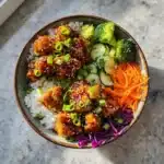 STICKY CHICKEN BOWLS recipe, served and ready to eat, easy homemade dinner