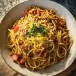 TikTok Cowboy Spaghetti recipe, served and ready to eat, easy homemade dinner