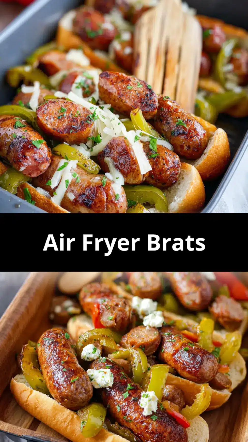 Air Fryer Brats recipe, served and ready to eat, easy homemade dinner