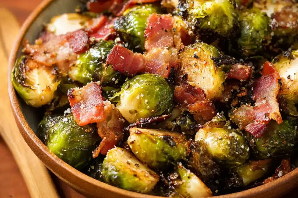 Air Fryer Brussels Sprouts Bacon recipe, served and ready to eat, easy homemade dinner