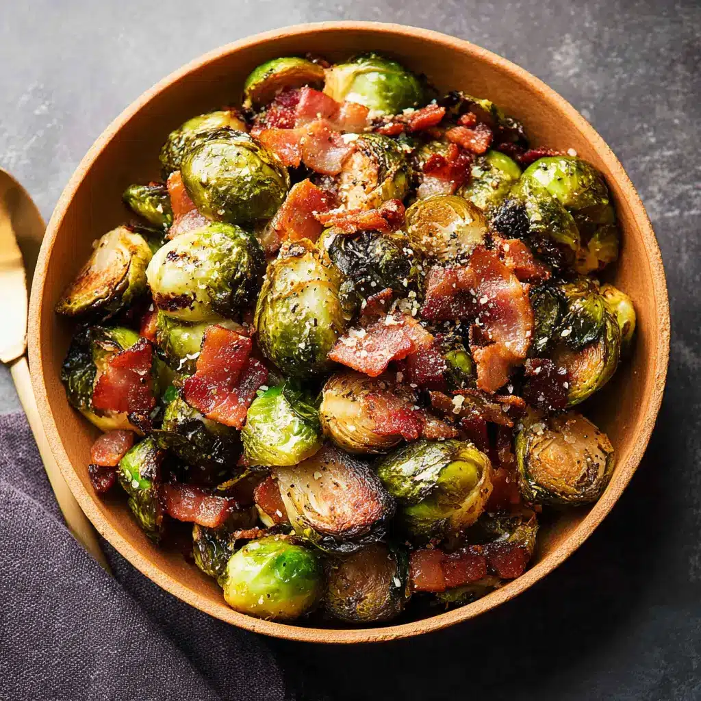 Air Fryer Brussels Sprouts Bacon recipe, served and ready to eat, easy homemade dinner