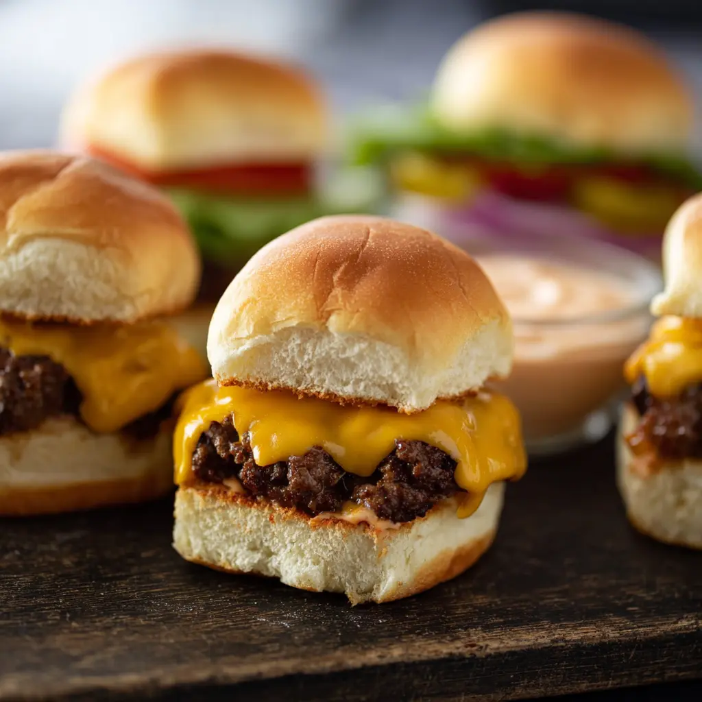 Air Fryer Cheeseburger Sliders Your New Favorite Quick Meal 6 Air Fryer Cheeseburger Sliders recipe, served and ready to eat, easy homemade dinner