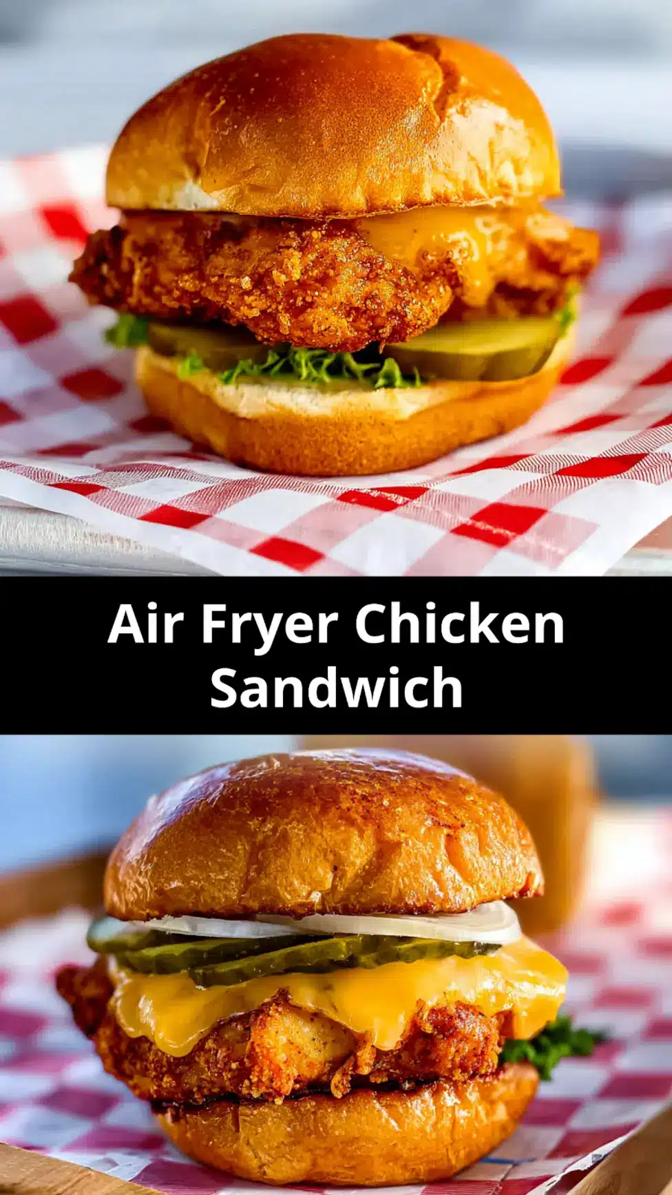 Air Fryer Chick-fil-A Chicken Sandwich recipe, served and ready to eat, easy homemade dinner_pin