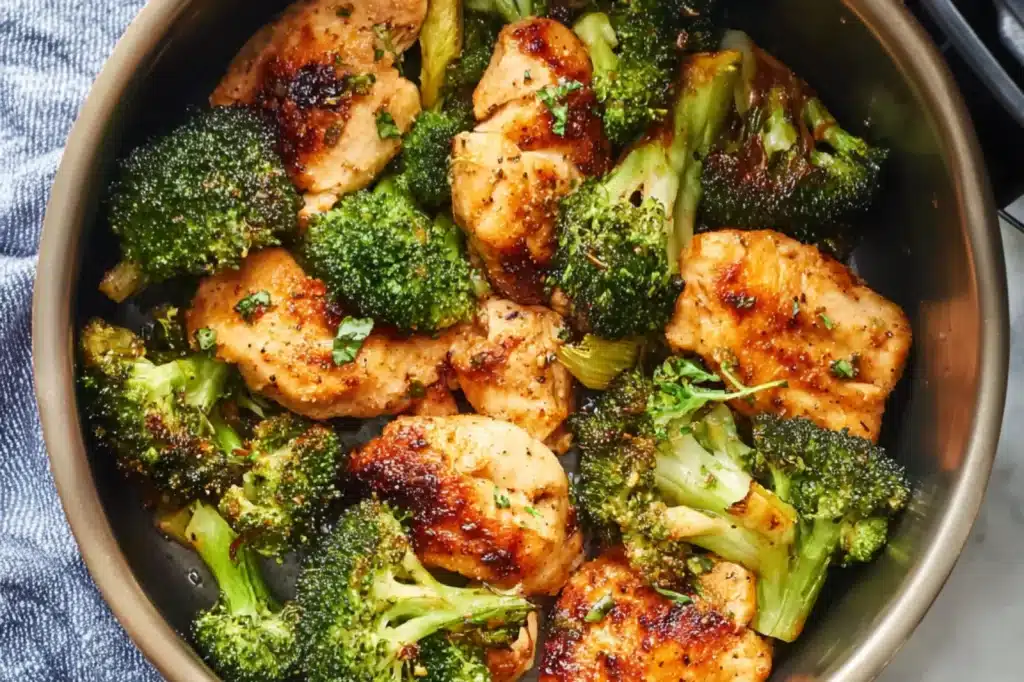 Air Fryer Chicken and Broccoli recipe, served and ready to eat, easy homemade dinner