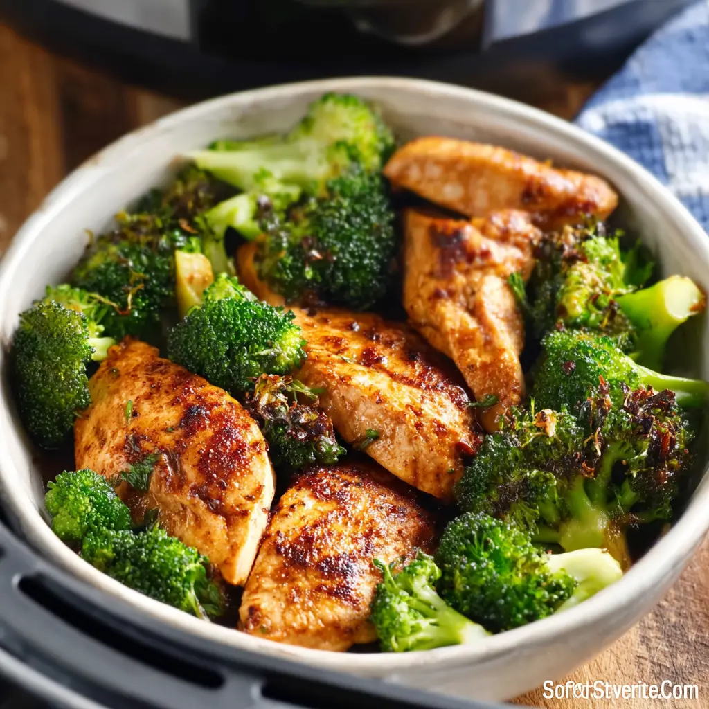 Air Fryer Chicken and Broccoli recipe, served and ready to eat, easy homemade dinner
