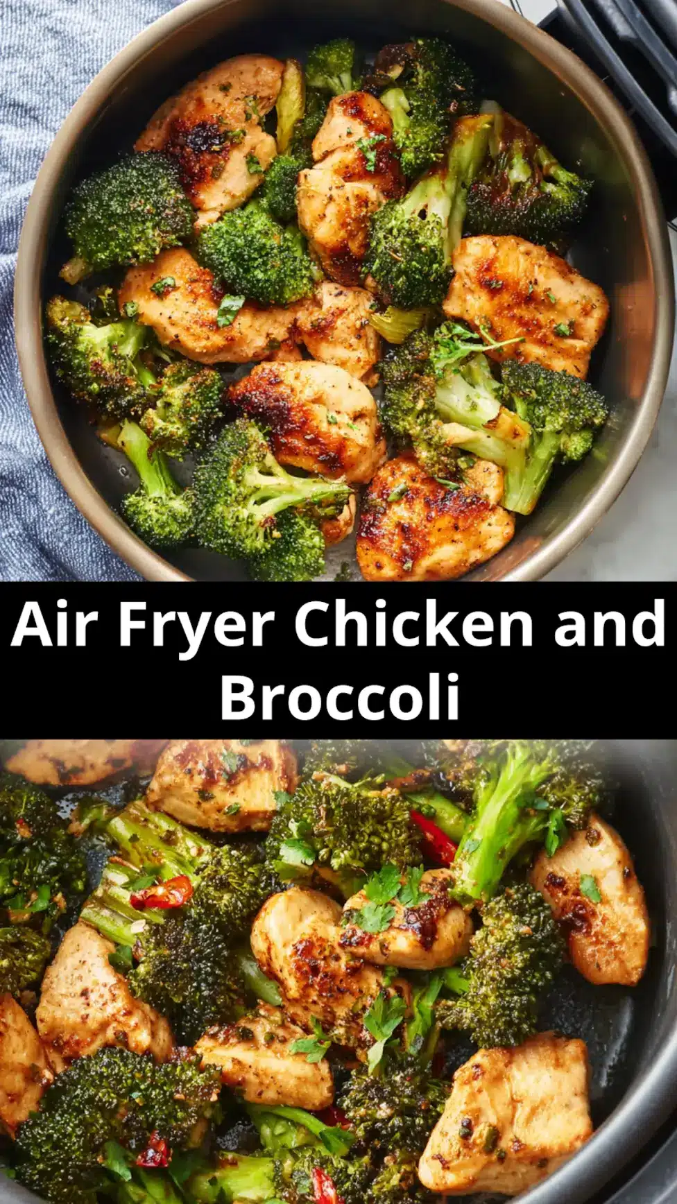 Air Fryer Chicken and Broccoli recipe, served and ready to eat, easy homemade dinner