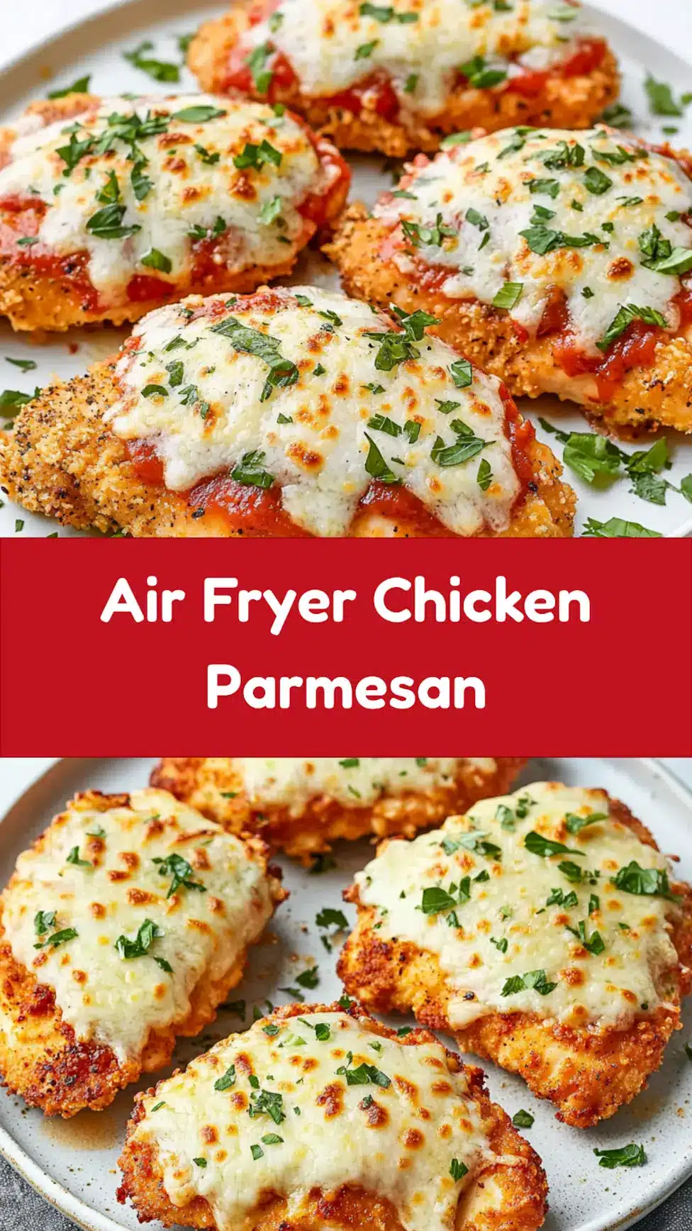 Air Fryer Chicken Parmesan recipe, served and ready to eat, easy homemade dinner
