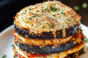 AIR FRYER EGGPLANT PARMESAN recipe, served and ready to eat, easy homemade dinner