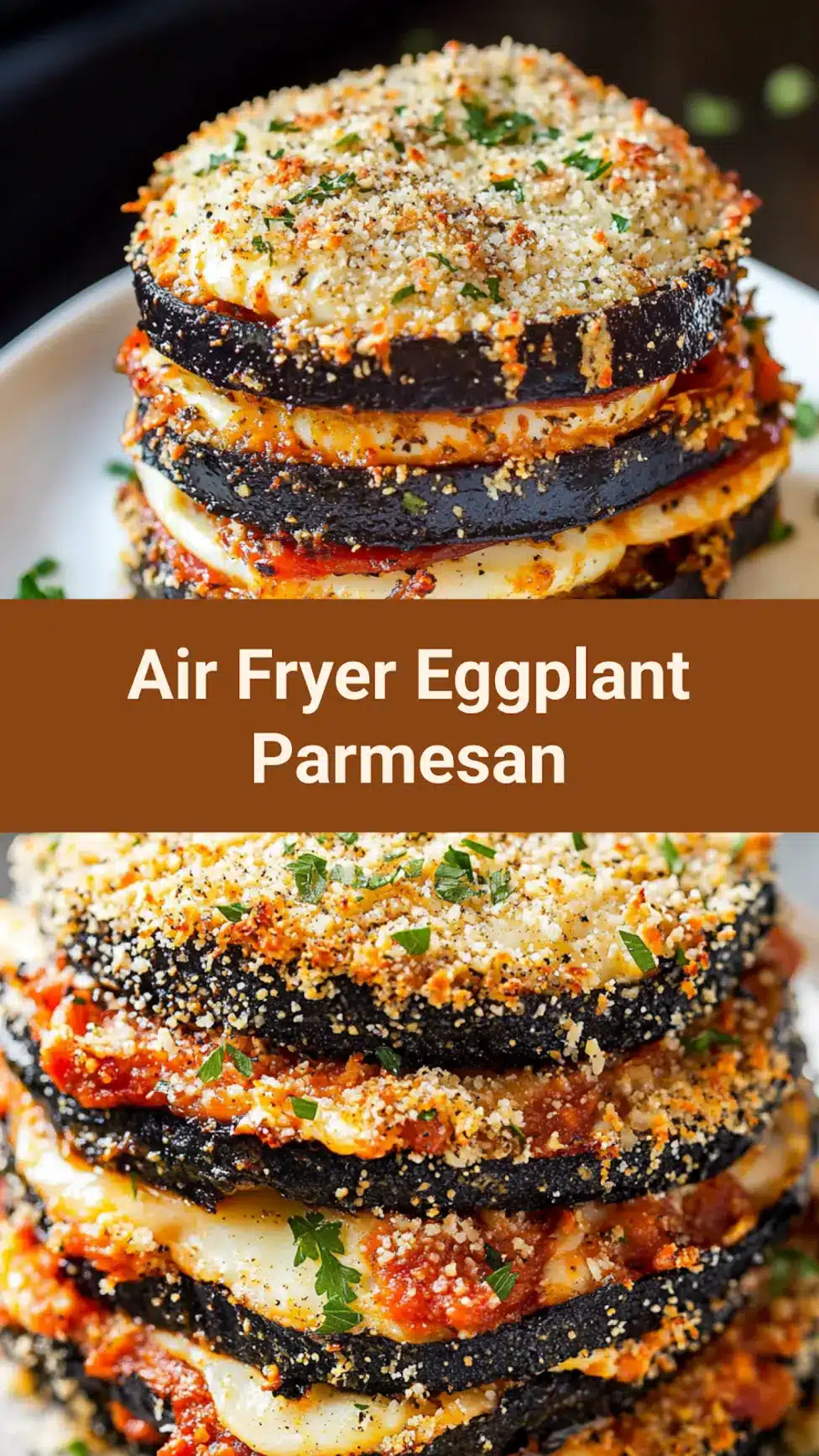 AIR FRYER EGGPLANT PARMESAN recipe, served and ready to eat, easy homemade dinner