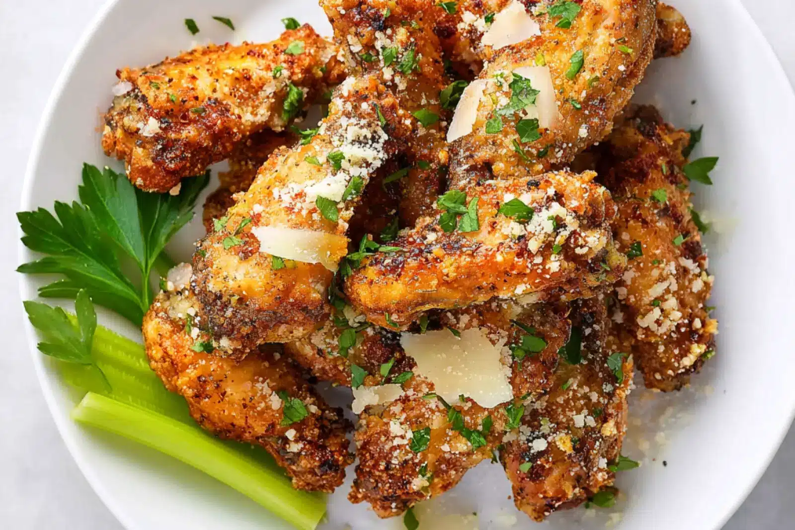Air Fryer Garlic Parmesan Chicken Wings recipe, served and ready to eat, easy homemade dinner