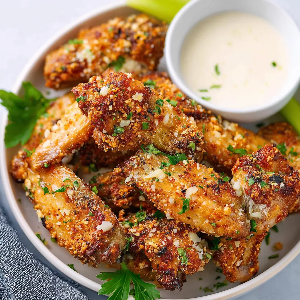 Air Fryer Garlic Parmesan Chicken Wings recipe, served and ready to eat, easy homemade dinner