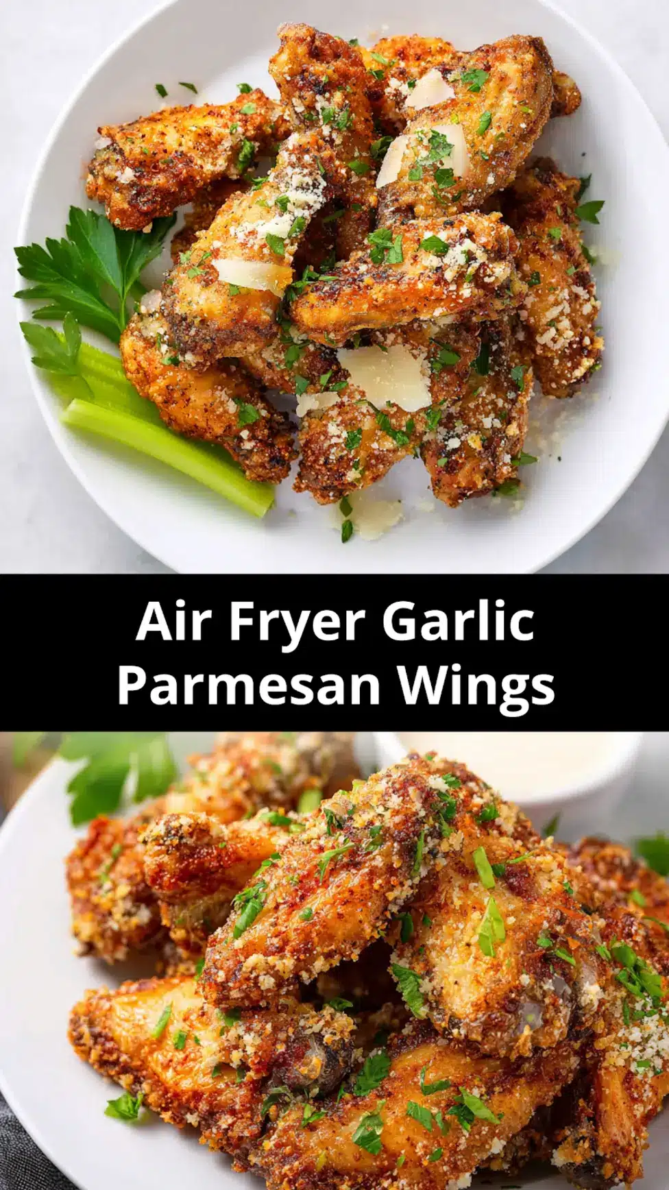 Air Fryer Garlic Parmesan Chicken Wings recipe, served and ready to eat, easy homemade dinner_pin