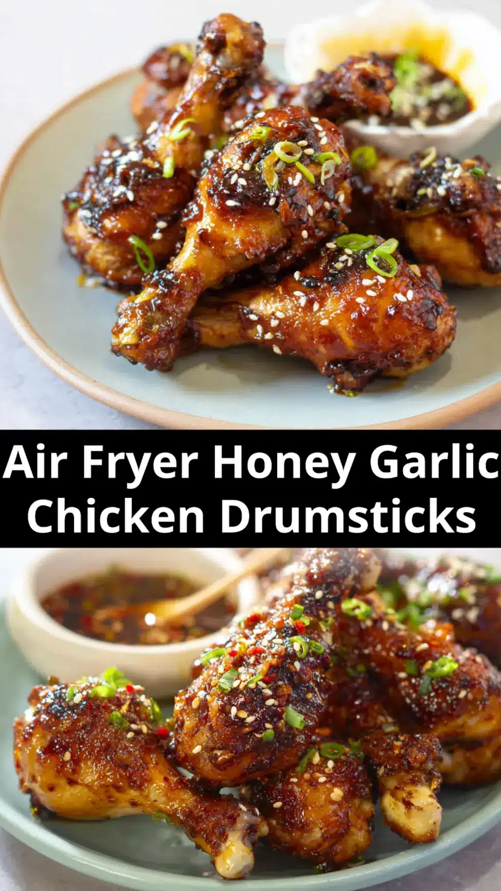 Air Fryer Honey Garlic Chicken Drumsticks recipe, served and ready to eat, easy homemade dinner