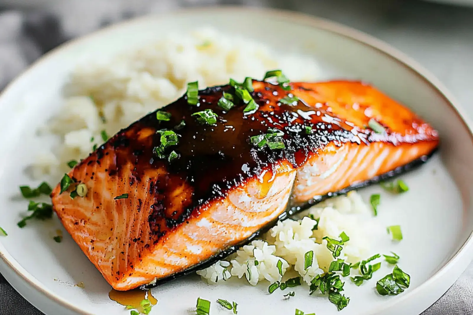AIR FRYER HONEY GARLIC SALMON recipe, served and ready to eat, easy homemade dinner