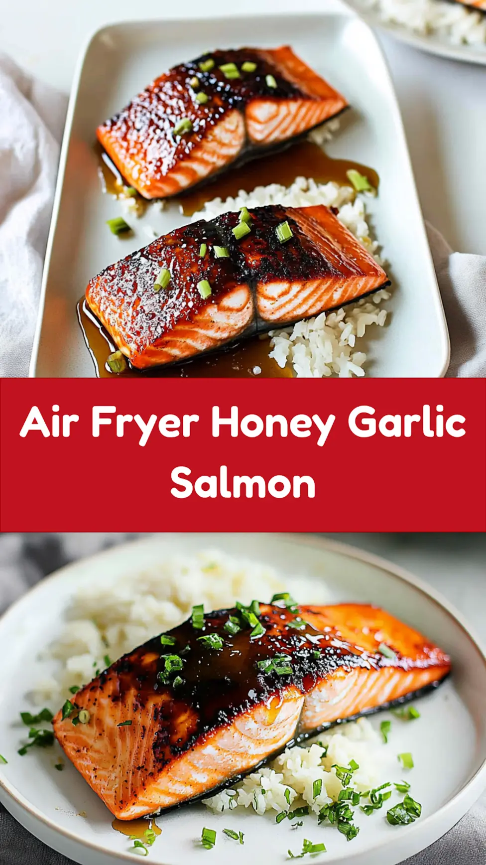 Air fryer honey garlic salmon served and ready to eat, easy homemade dinner
