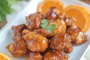 AIR FRYER ORANGE CHICKEN recipe, served and ready to eat, easy homemade dinner