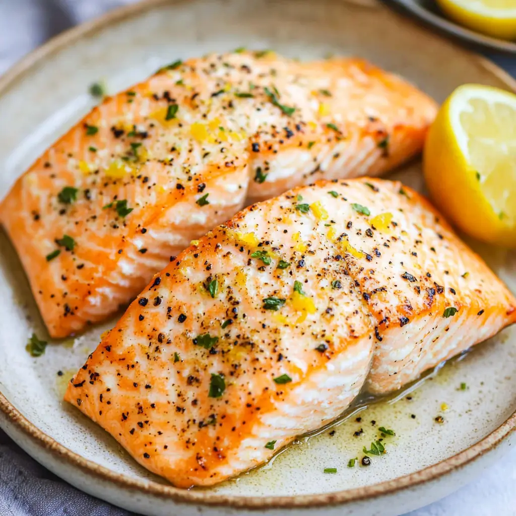 AIR FRYER SALMON LEMON GARLIC recipe, served and ready to eat, easy homemade dinner