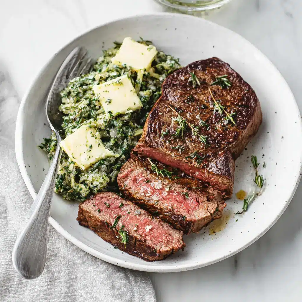 Air Fryer Steak Butter Herb recipe, served and ready to eat, easy homemade dinner