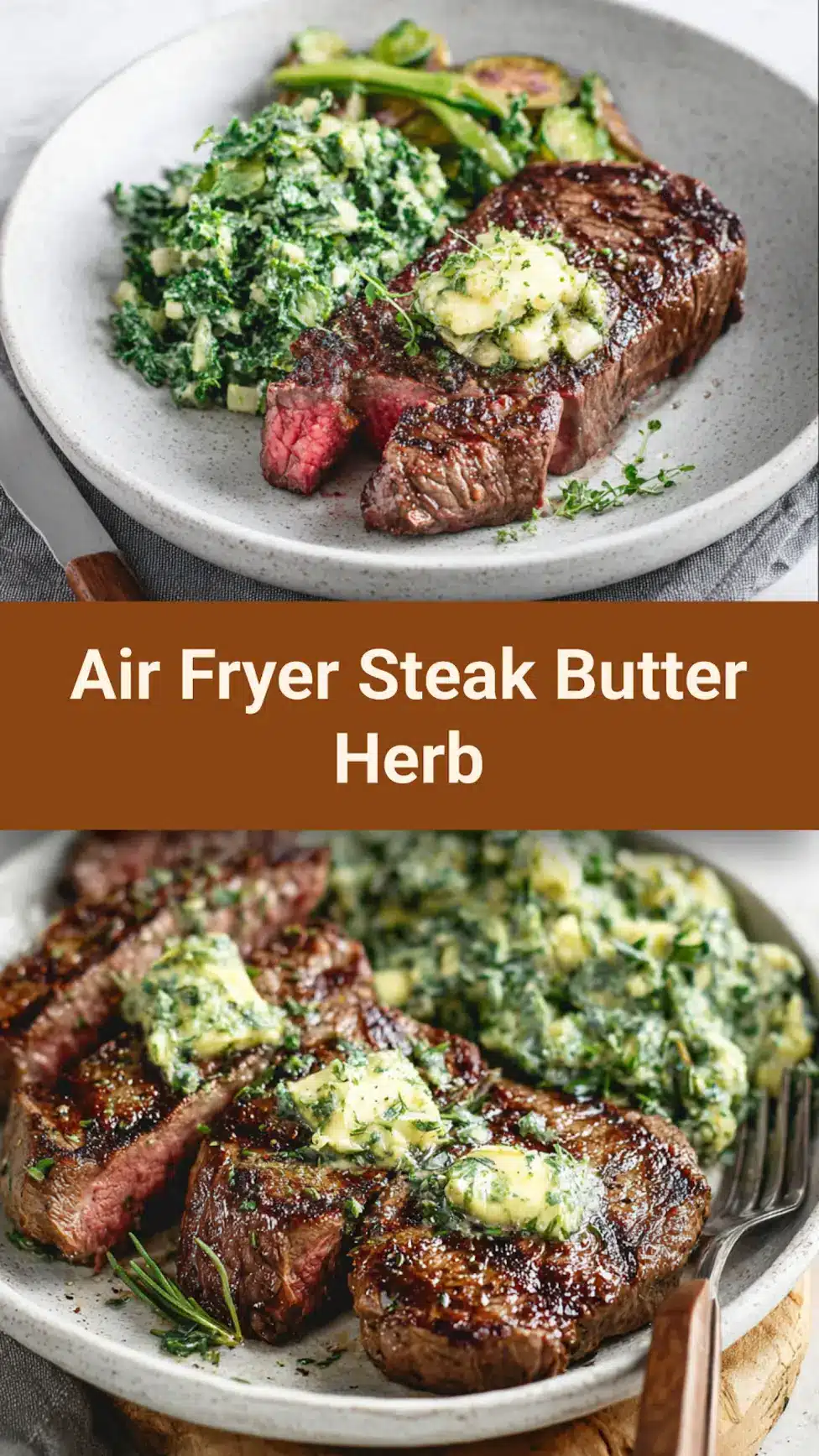 Air Fryer Steak Butter Herb recipe, served and ready to eat, easy homemade dinner