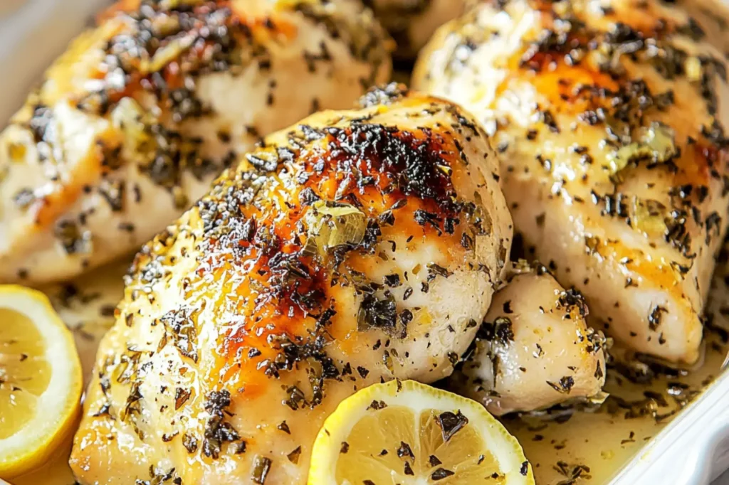 Baked Chicken Breast Lemon Garlic recipe, served and ready to eat, easy homemade dinner