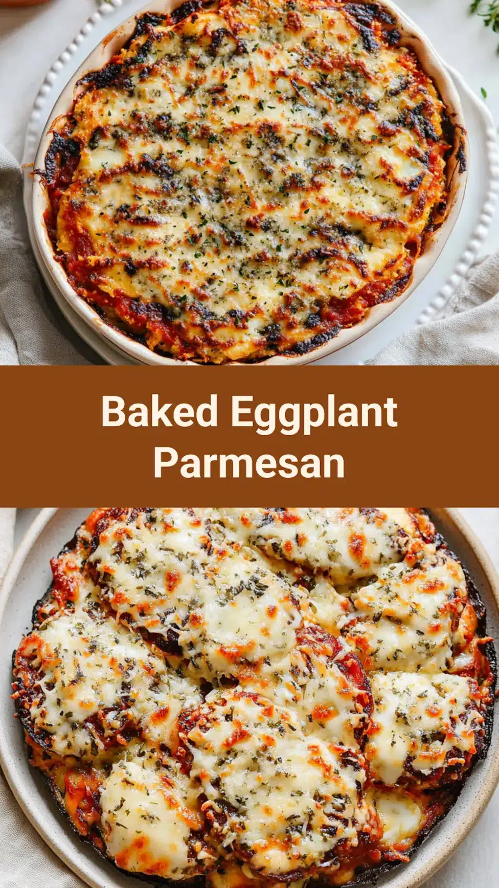 Baked eggplant parmesan served and ready to eat, easy homemade dinner