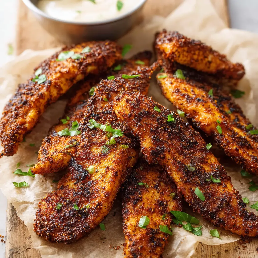 Blackened Chicken Tenders recipe, served and ready to eat, easy homemade dish