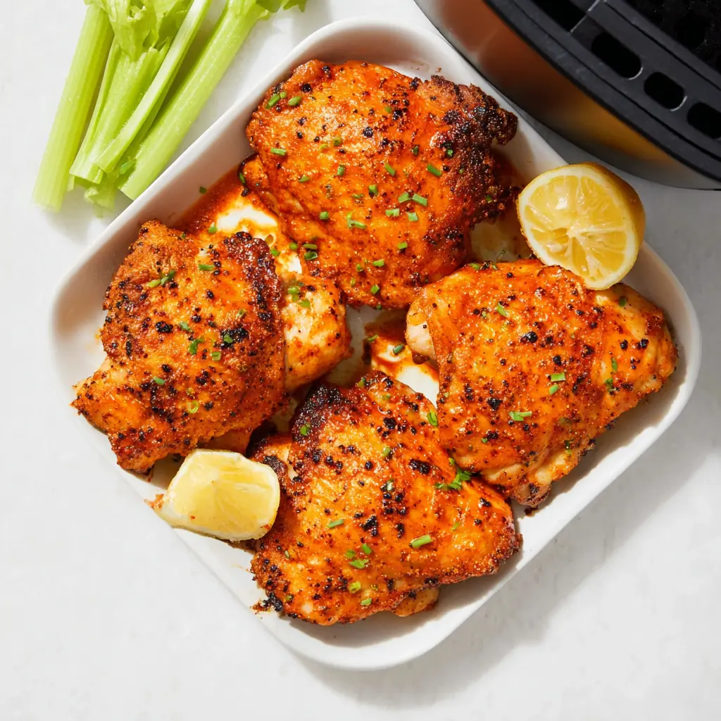 Buffalo Air Fryer Chicken Thighs recipe, served and ready to eat, easy homemade dish