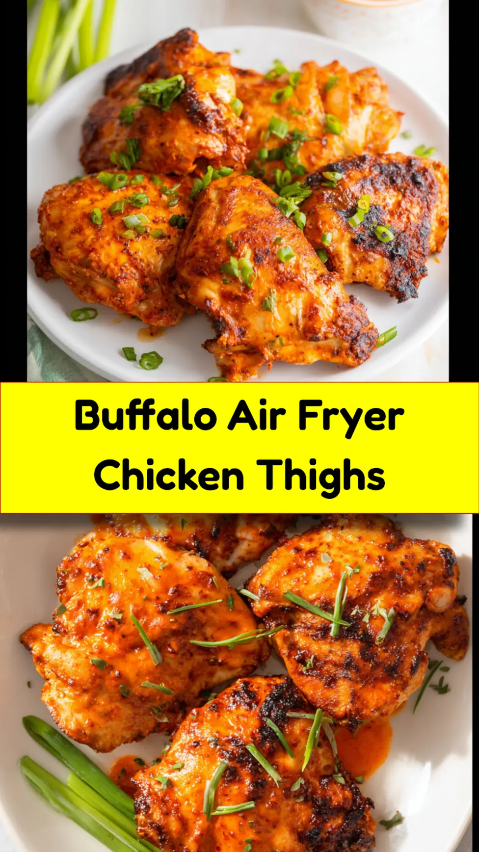 Buffalo Air Fryer Chicken Thighs recipe, served and ready to eat, easy homemade dish