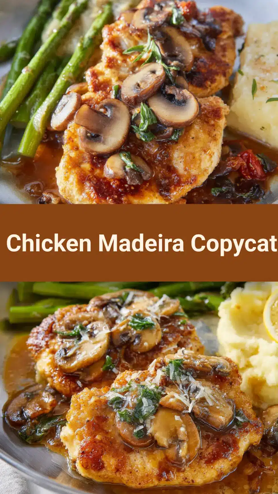 Cheesecake Factory Chicken Madeira recipe, served and ready to eat, easy homemade dinner_pin