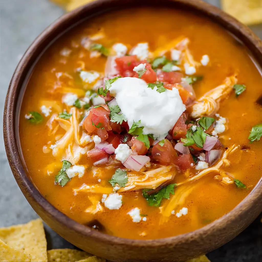 Chicken Enchilada Soup recipe, served and ready to eat, easy homemade dinner