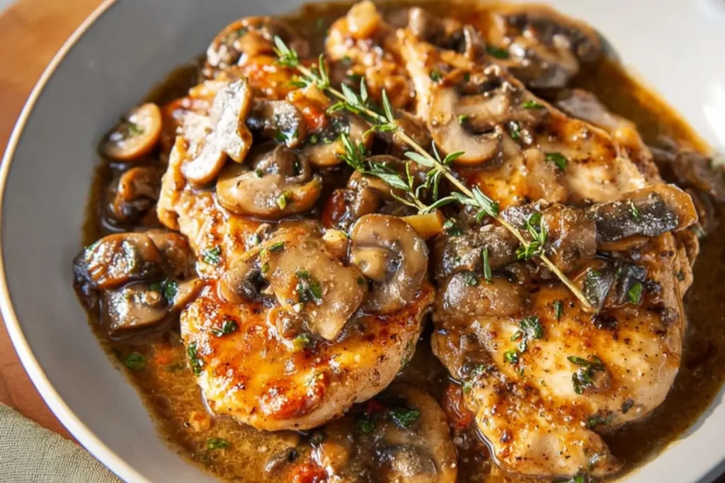 Chicken Marsala recipe, served and ready to eat, easy homemade dinner