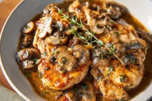 Chicken Marsala recipe, served and ready to eat, easy homemade dinner