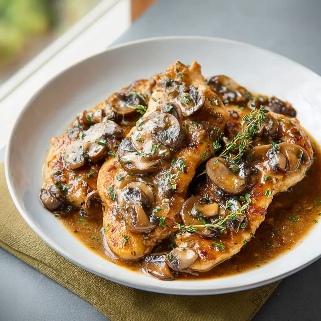 Chicken Marsala recipe, served and ready to eat, easy homemade dinner