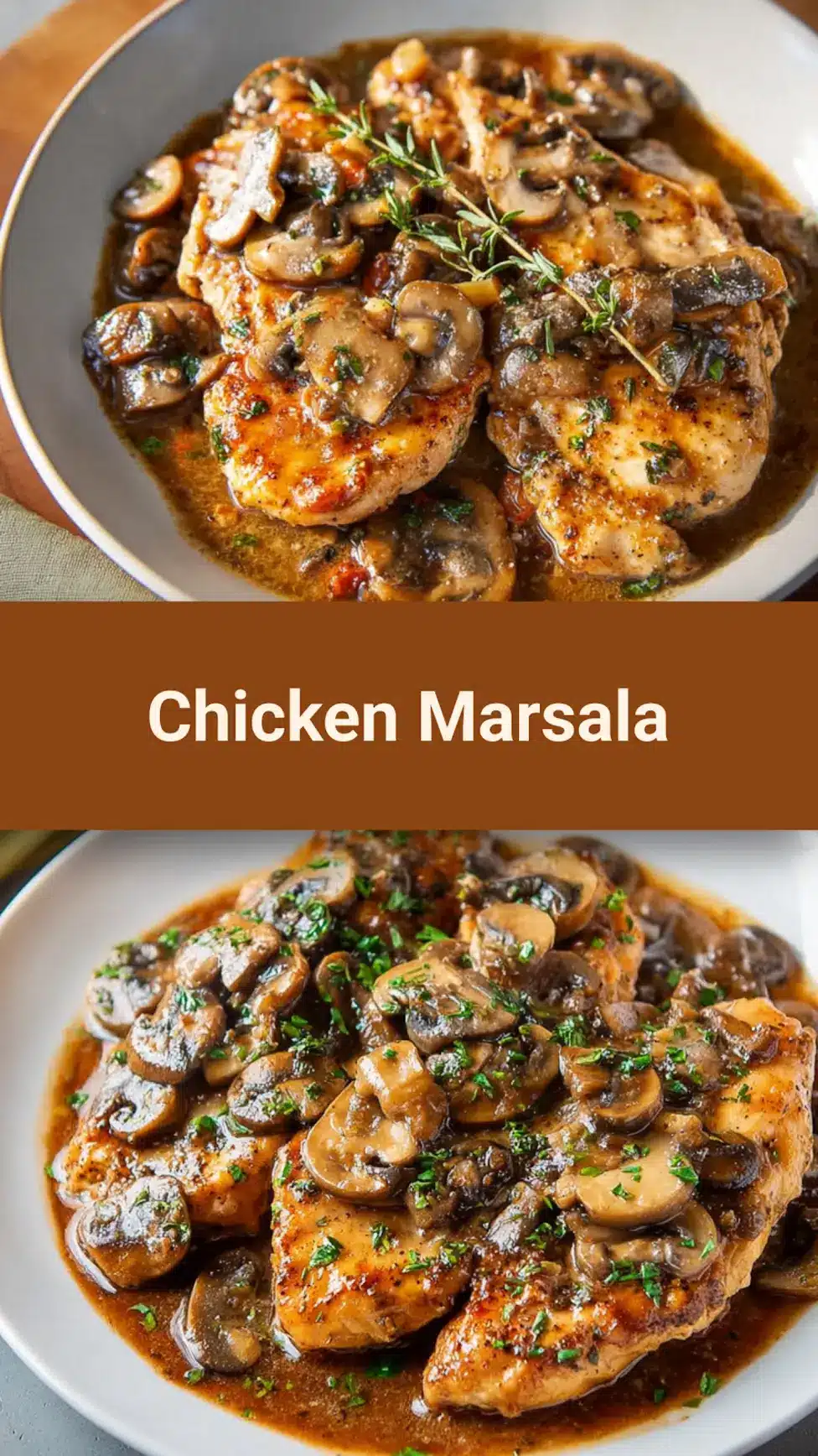 Chicken Marsala recipe, served and ready to eat, easy homemade dinner