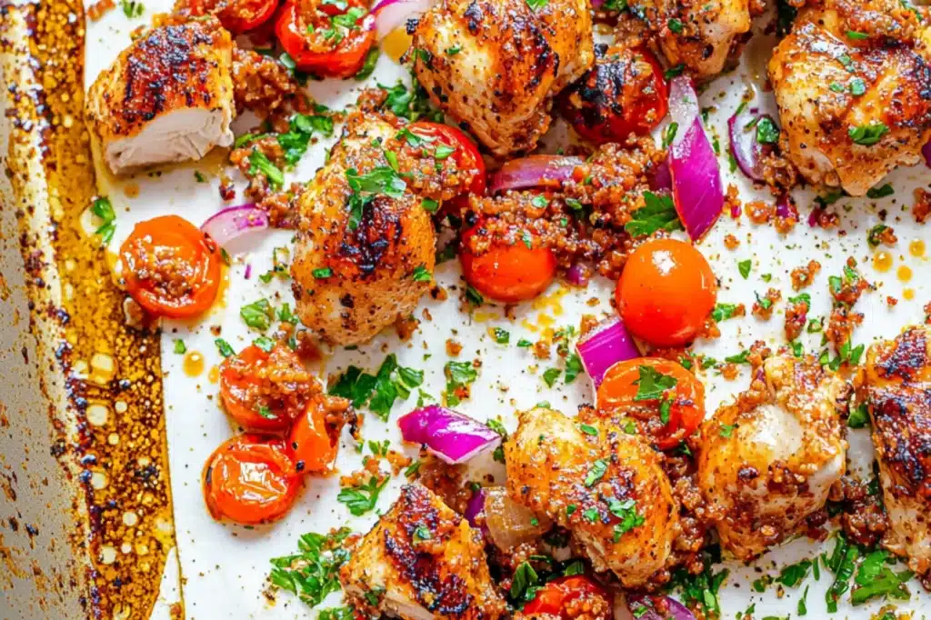 CHICKEN SHAWARMA SHEET PAN recipe, served and ready to eat, easy homemade dinner