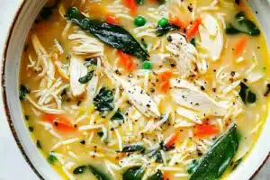 Spring Chicken Soup Lemon Orzo Cozy Simple Weeknight Dinner CHICKEN SOUP LEMON ORZO recipe, served and ready to eat, easy homemade dinner