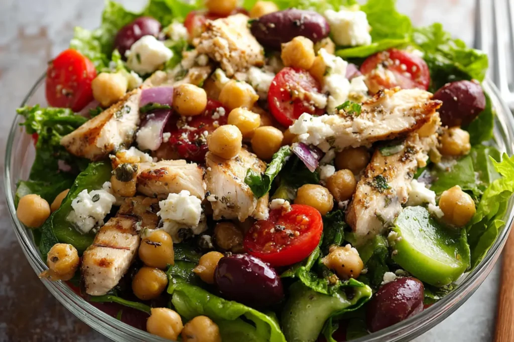 Chickpea Feta Chicken Salad recipe, served and ready to eat, easy homemade dinner