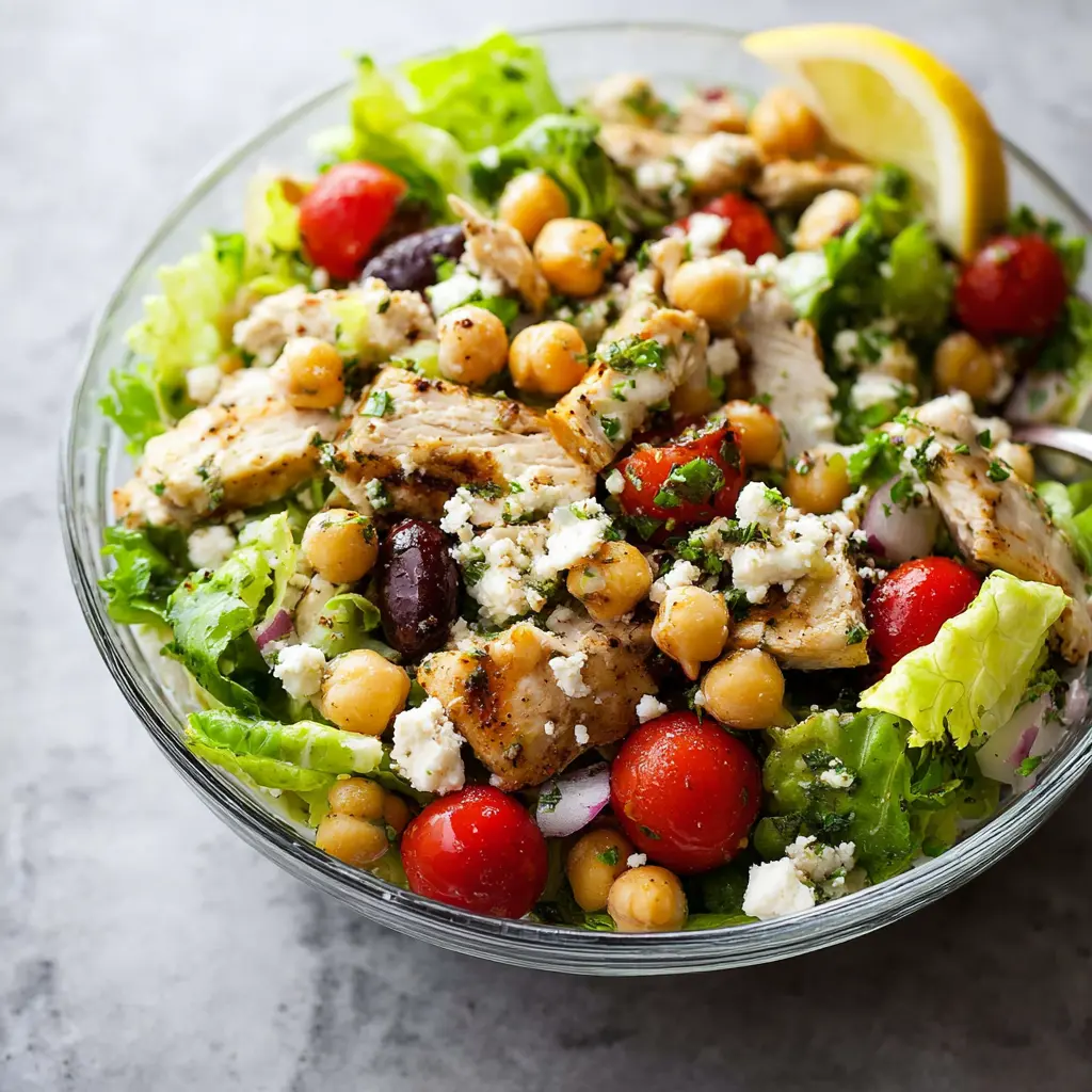 Chickpea Feta Chicken Salad recipe, served and ready to eat, easy homemade dinner
