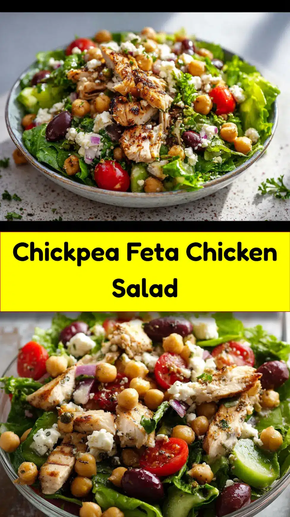 Chickpea Feta Chicken Salad recipe, served and ready to eat, easy homemade dinner